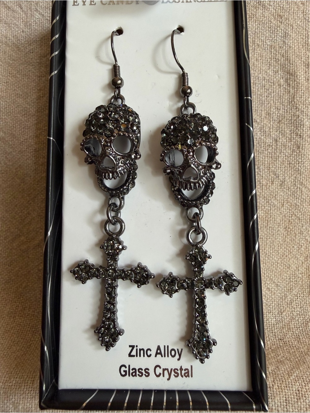 NIB~ EyeCandy Skull & Cross Pendant Drop Earrings - with Black Glass Crystals